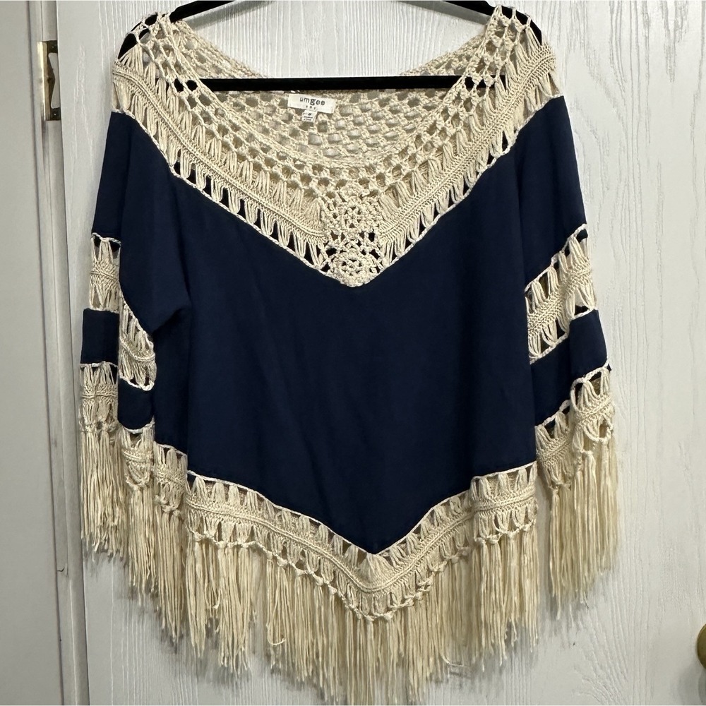 Umgee Crochet Fringe Tunic Top Boho Festival Beachy Cover Up Navy Cream Size Med